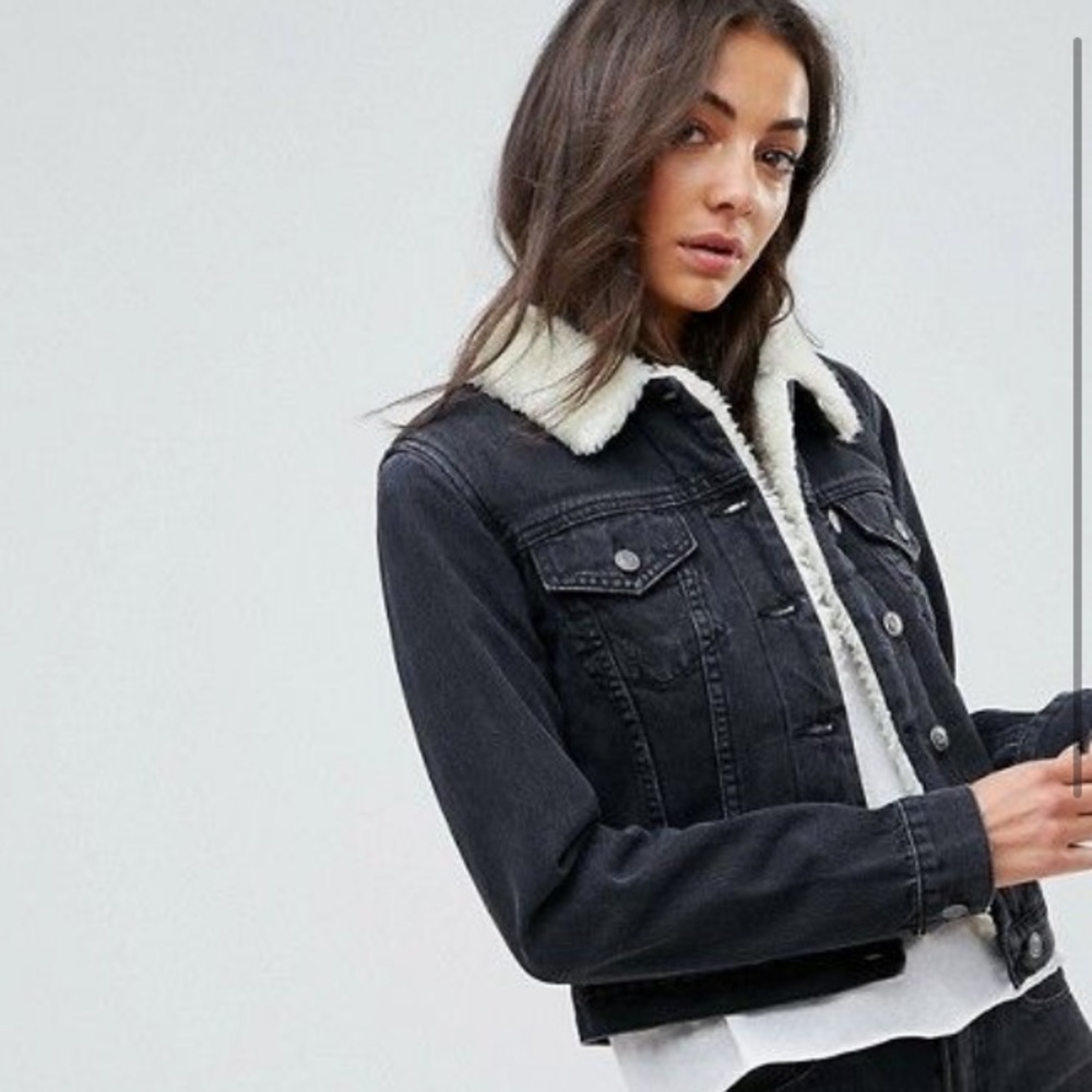 ASOS tall shrunken borg denim jacket in black